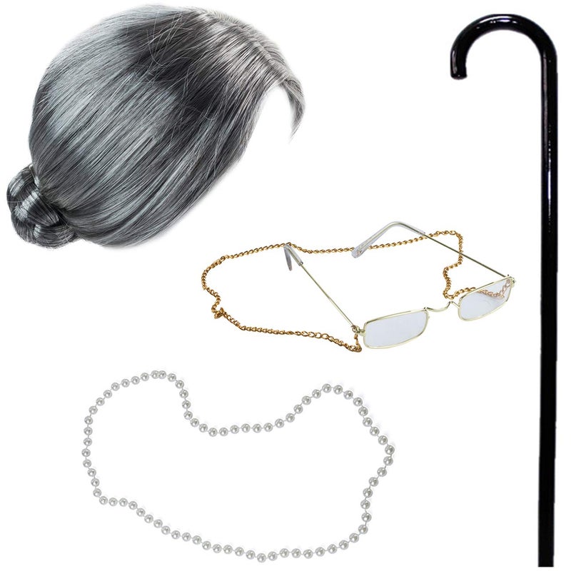 Tigerdoe Old Lady Costume With Cane - Granny Wig - Grandma Dress Up - Granny Glasses - 4 Pc Set Old Lady Accessories - Image 1